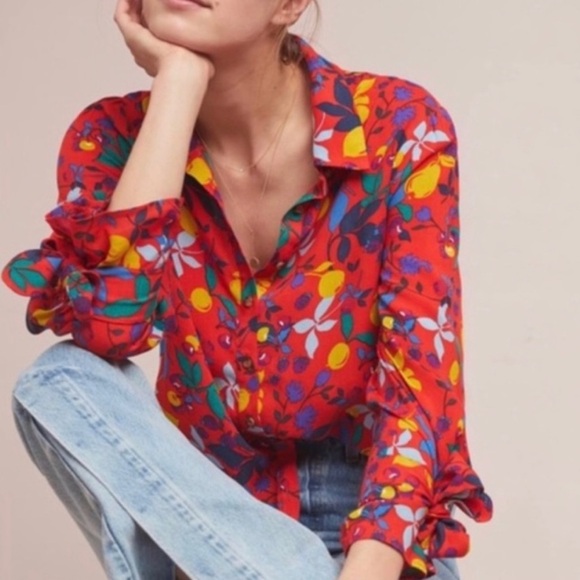 Anthropologie Maeve Button Up Blithe Blouse Fruit Lemons Red Top Size 8 - Picture 10 of 10